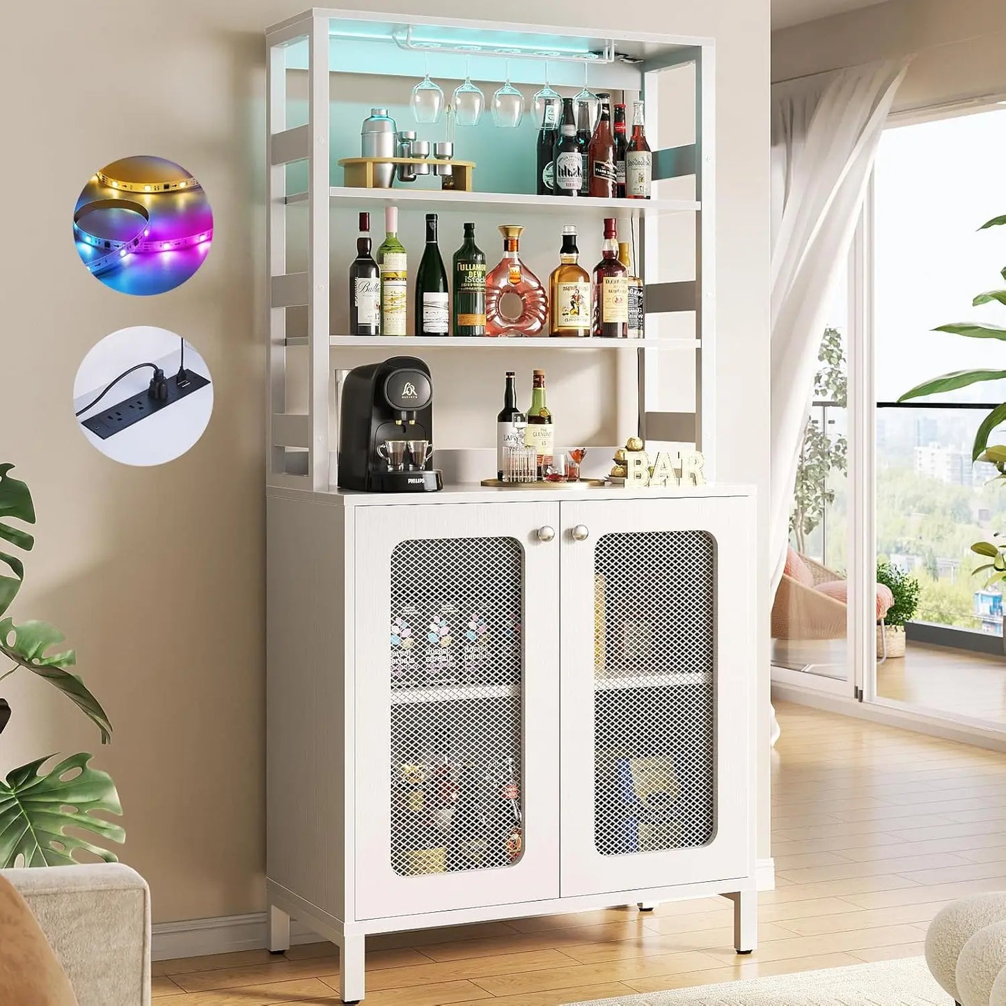 Bar Cabinet with Power Outlets, 67 Inch Tall Wine Bar - Cheerful Home Finds