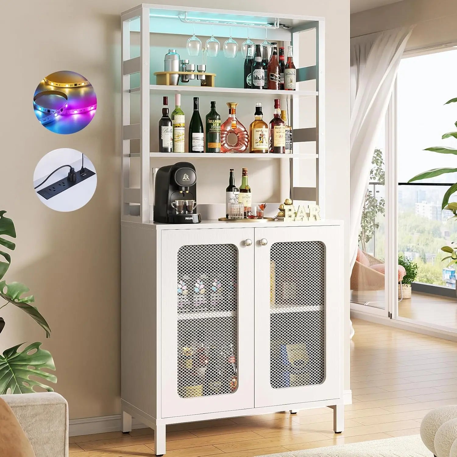 Bar Cabinet with Power Outlets, 67 Inch Tall Wine Bar - Cheerful Home Finds