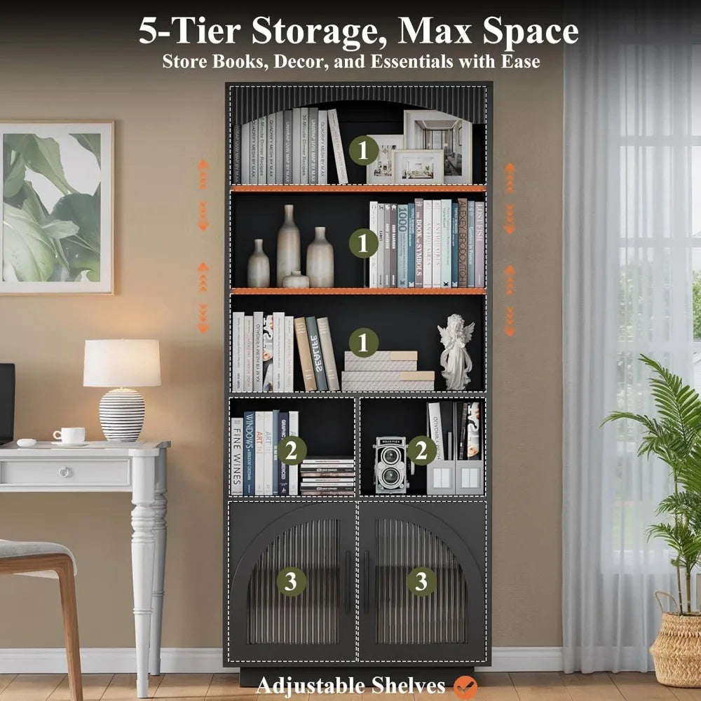 70 Inch Tall Bookshelf with Doors 5 Tier Storage Cabinet and Adjustable Shelves Mid Century Modern Bookcase Wood Finish