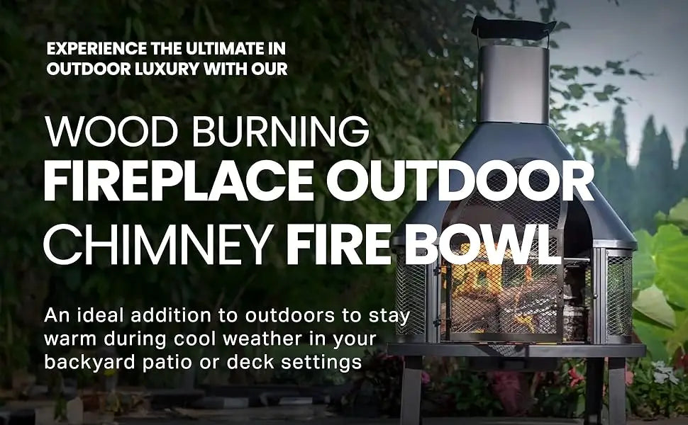 Wood Burning Fireplace Outdoor Steel Chimney Rectangular Fire Bowl Black - Cheerful Home Finds
